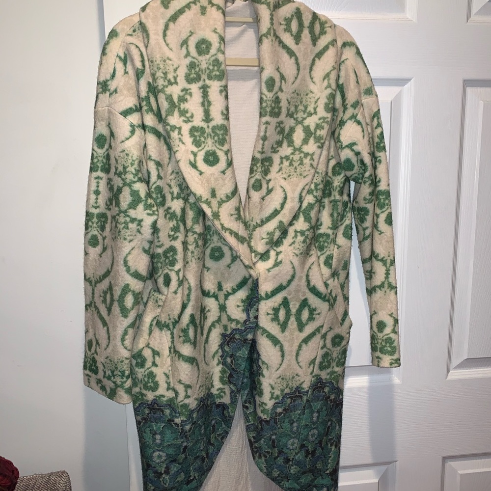 Anthropologie Cream & Green Egg Coat